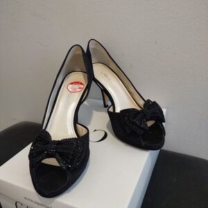 Caparros Black Peep-Toe Heels with Beaded Bow